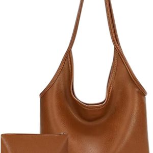 Women's Brown Large Hobo Tote Bag, Soft Vegan Crossbody Handbag with Top Handles and Shoulder Strap