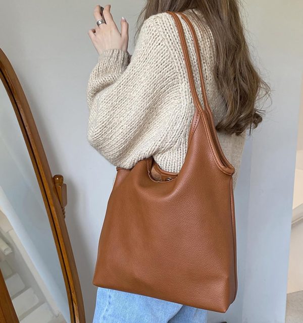 Women's Brown Large Hobo Tote Bag, Soft Vegan Crossbody Handbag with Top Handles and Shoulder Strap - Image 2