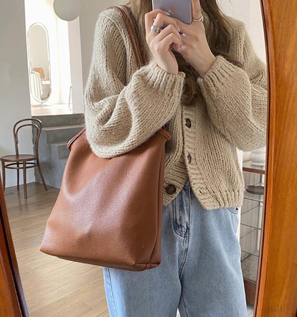 Women's Brown Large Hobo Tote Bag, Soft Vegan Crossbody Handbag with Top Handles and Shoulder Strap - Image 3
