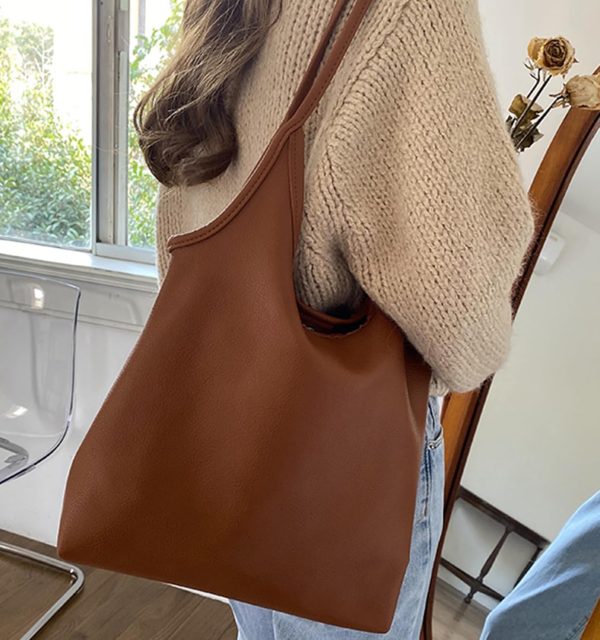 Women's Brown Large Hobo Tote Bag, Soft Vegan Crossbody Handbag with Top Handles and Shoulder Strap - Image 4